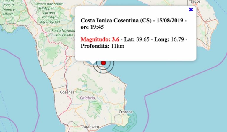 Terremoto in Calabria oggi, 15 agosto 2019: scossa M 3.6 in provincia di Calabria | Dati INGV