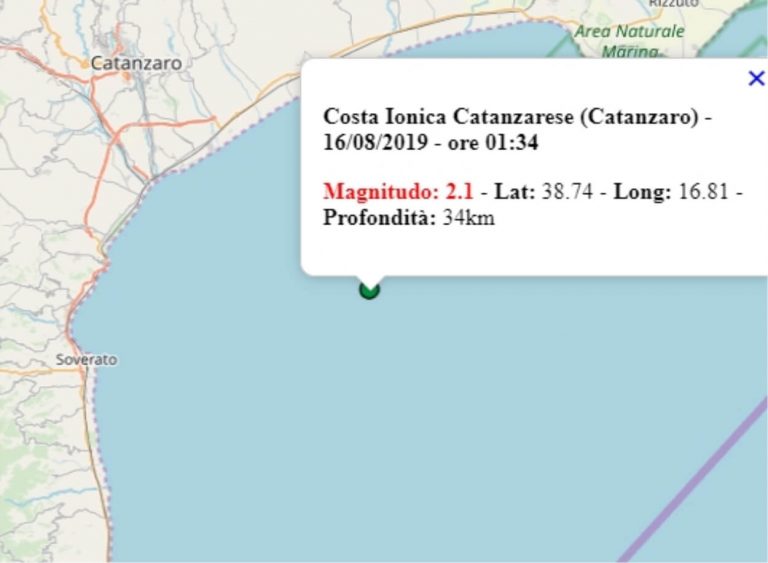 Terremoto in Calabria oggi, venerdì 16 agosto 2019, scossa M 2.1 costa ionica catanzarese – Dati Ingv