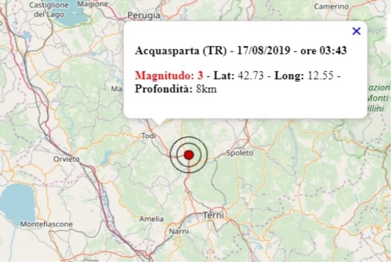 Terremoto in Umbria oggi, 17 agosto 2019, scossa M 3.0 in provincia di Terni – Dati Ingv