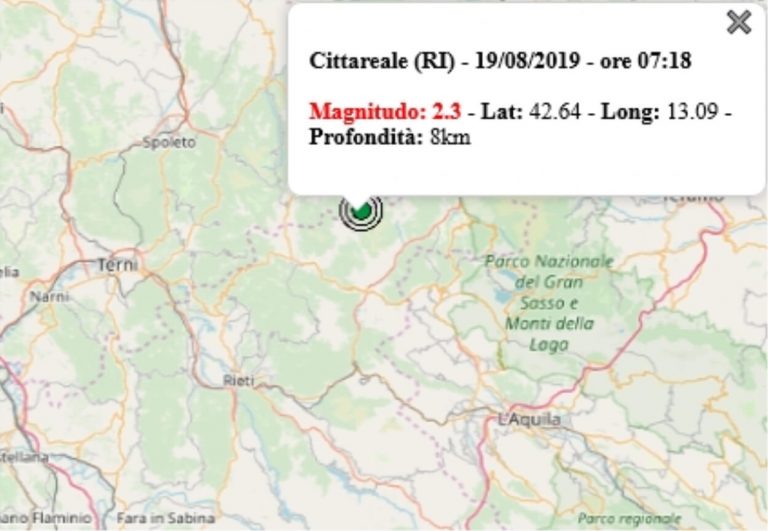 Terremoto nel Lazio oggi, 19 agosto 2019, scossa M 2.3 in provincia di Rieti – Dati Ingv