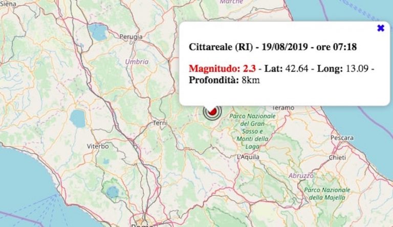 Terremoto Lazio oggi, 19 agosto 2019: scossa M 2.3 in provincia di Rieti | Dati INGV