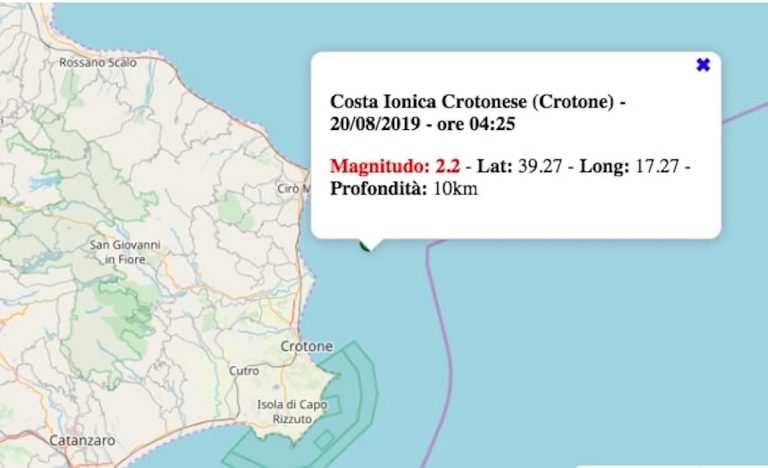 Terremoto in Calabria oggi, 20 agosto 2019: scossa M 2.3 vicino Crotone – Dati INGV