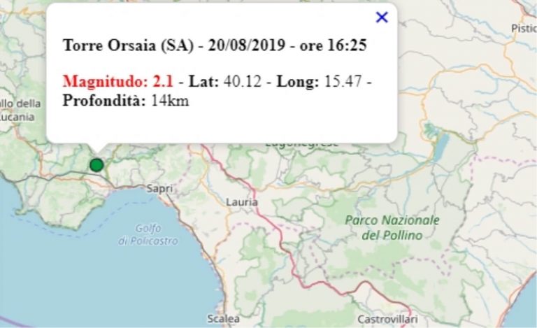 Terremoto in Campania oggi, 20 agosto 2019, scossa M 2.1 provincia di Salerno – Dati Ingv
