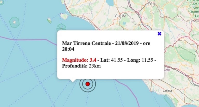 Terremoto nel Lazio oggi, 21 agosto 2019: scossa M 3.4 sulla costa del Mar Tirreno | Dati INGV