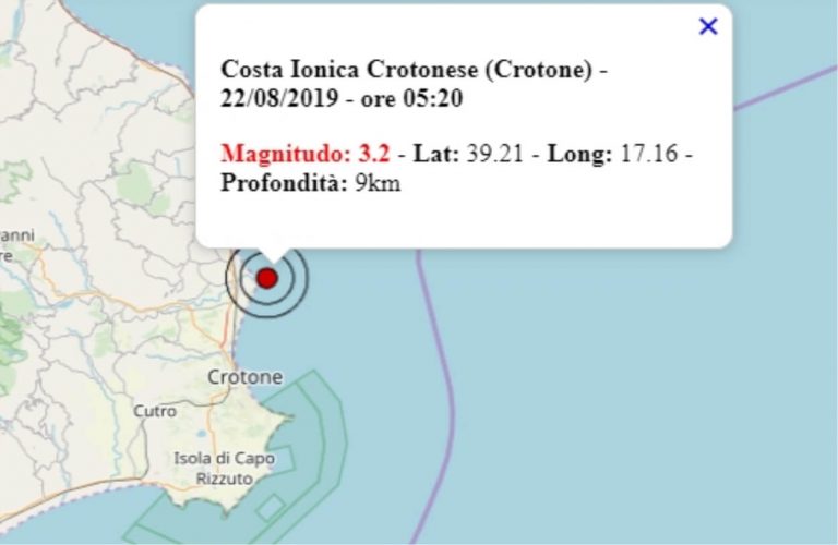 Terremoto in Calabria oggi, giovedì 22 agosto 2019: scossa M 3.2 costa ionica crotonese – Dati Ingv Terremoto in Calabria oggi, giovedì 22 agosto 2019: scossa M 3.2 costa ionica crotonese – Dati Ingv