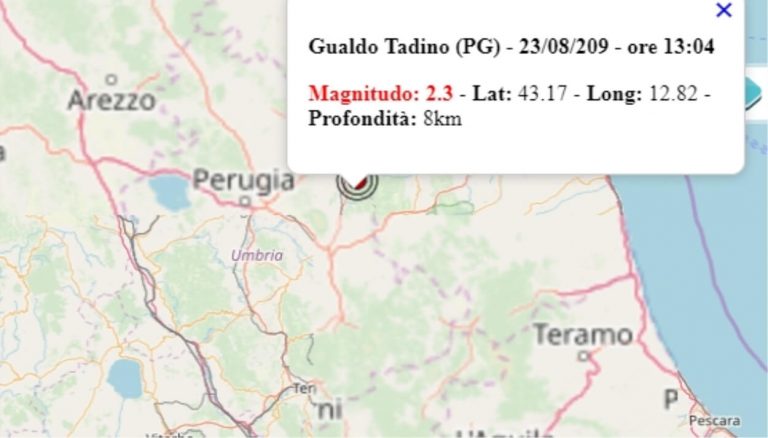 Terremoto in Umbria oggi, 23 agosto 2019, scossa M 2.3 in provincia di Perugia | Dati INGV