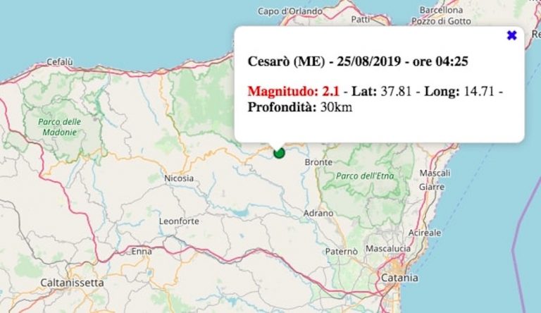 Terremoto in Sicilia oggi, 25 agosto 2019: scossa M 2.1 in provincia di Messina – Dati INGV