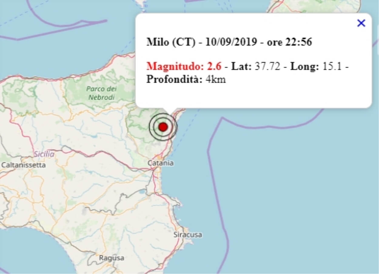 Terremoto in Sicilia oggi, 10 settembre 2019, scossa M 2.6 provincia di Catania Dati Ingv Terremoto in Sicilia oggi, 10 settembre 2019, scossa M 2.6 provincia di Catania Dati Ingv