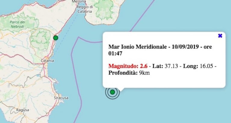 Terremoto in Sicilia oggi, 10 settembre 2019: scossa M 2.6 Mar Ionio Meridionale | Dati INGV
