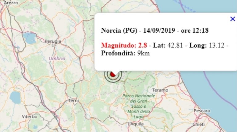 Terremoto in Umbria oggi, 14 settembre 2019: scossa M 2.8 provincia Perugia – Dati Ingv