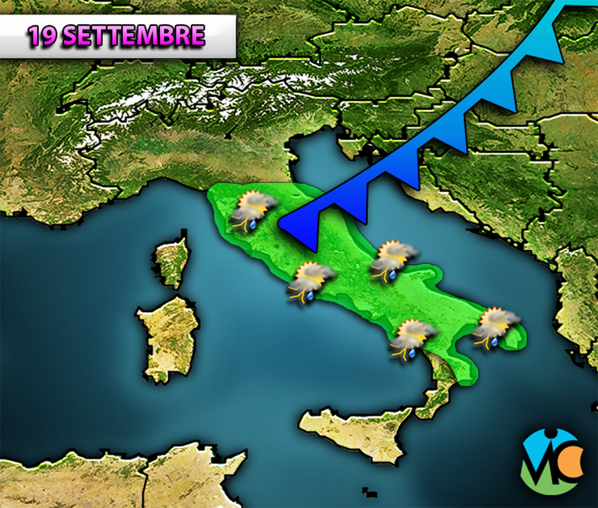 Fronte freddo in transito sull'Italia con piogge sparse e un generale calo delle temperature nei prossimi giorni.