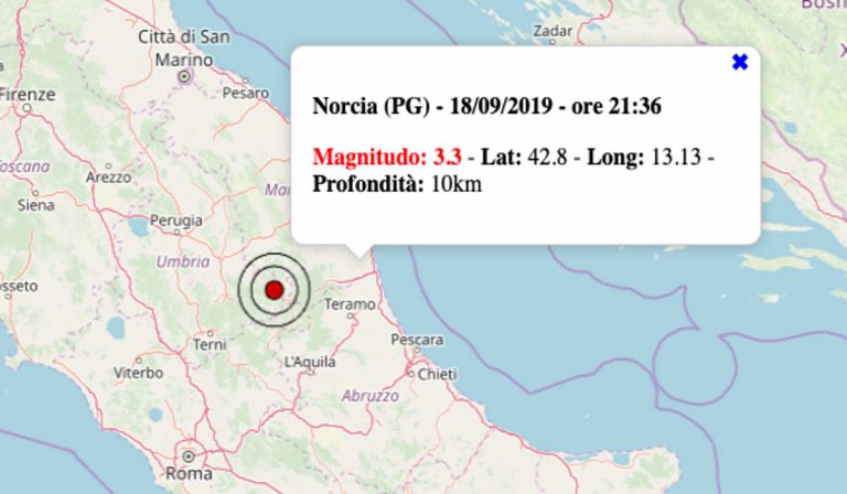 Terremoto oggi in Umbria, serie di scosse fino a M 3.3 in provincia nella serata di mercoledì 18 settembre 2019 – Dati INGV