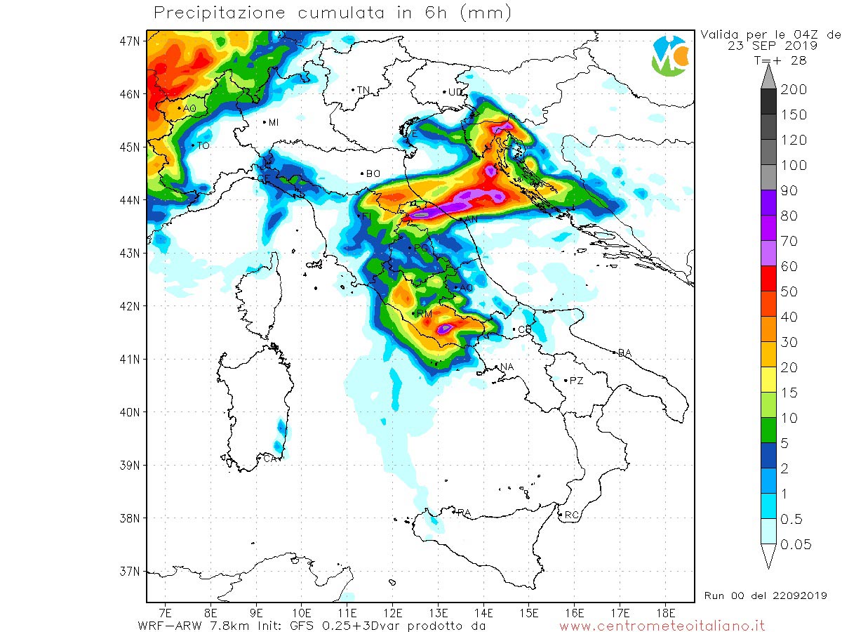 Intense precipitazioni previste nelle prossime ore sul Lazio dal nostro modello WRF