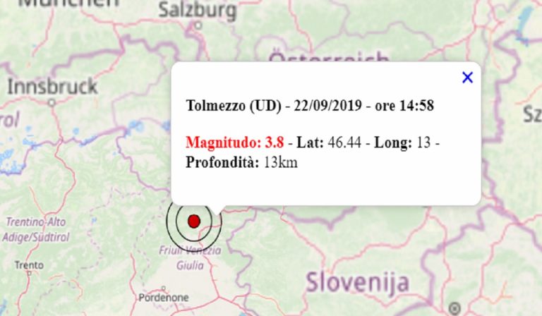Terremoto oggi, domenica 22 settembre 2019: scossa M 3.8 in provincia Udine, Friuli Venezia Giulia – Dati INGV Terremoto oggi, domenica 22 settembre 2019: scossa M 3.8 in provincia Udine, Friuli Venezia Giulia – Dati INGV