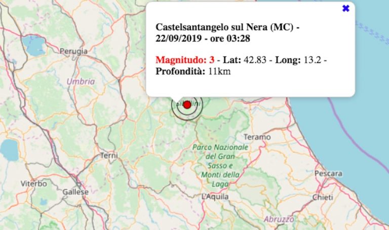 Terremoto Marche oggi, domenica 22 settembre 2019: scossa M 3.0 in provincia di Macerata | Dati INGV