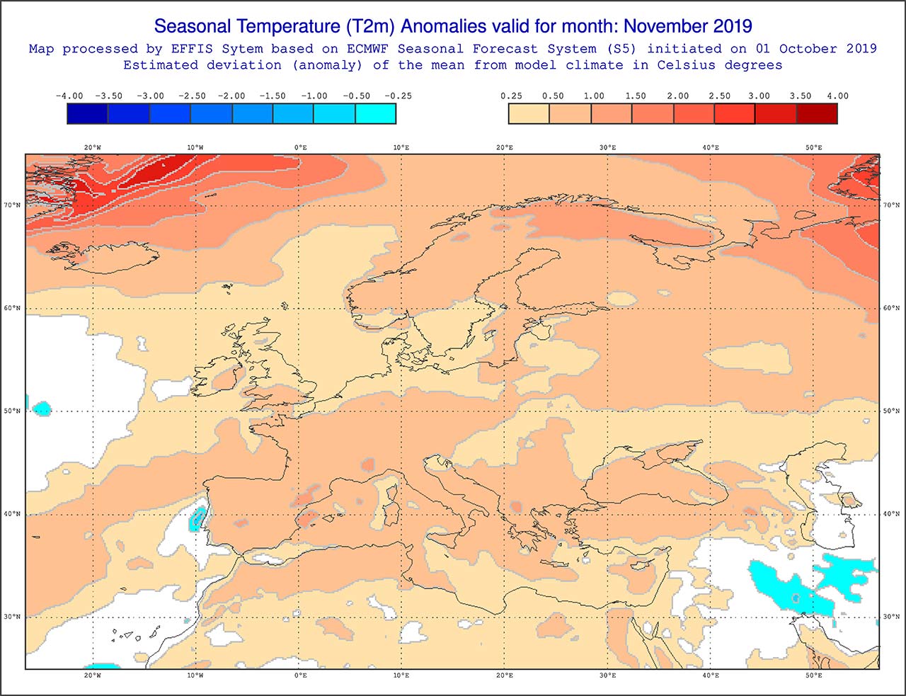 Anomalie di temperatura previste per il mese di novembre 2019 - effis.jrc.ec.europa.eu Anomalie di temperatura previste per il mese di novembre 2019 - effis.jrc.ec.europa.eu