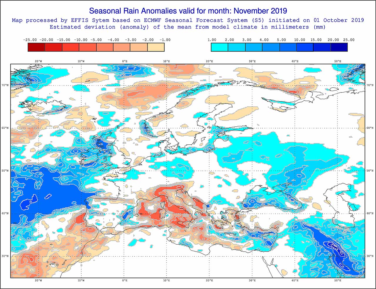 Anomalie di precipitazione previste dal modello ECMWF per novembre 2019 - effis.jrc.ec.europa.eu