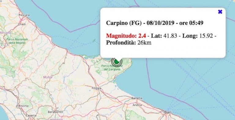 Terremoto in Puglia oggi, 8 ottobre 2019: scossa M 2.4 in provincia di Foggia | Dati INGV