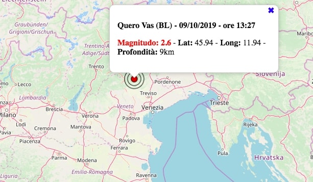 Terremoto in Veneto oggi, mercoledì 9 ottobre 2019: scossa M 2.6 in provincia di Belluno – Dati INGV Terremoto in Veneto oggi, mercoledì 9 ottobre 2019: scossa M 2.6 in provincia di Belluno – Dati INGV