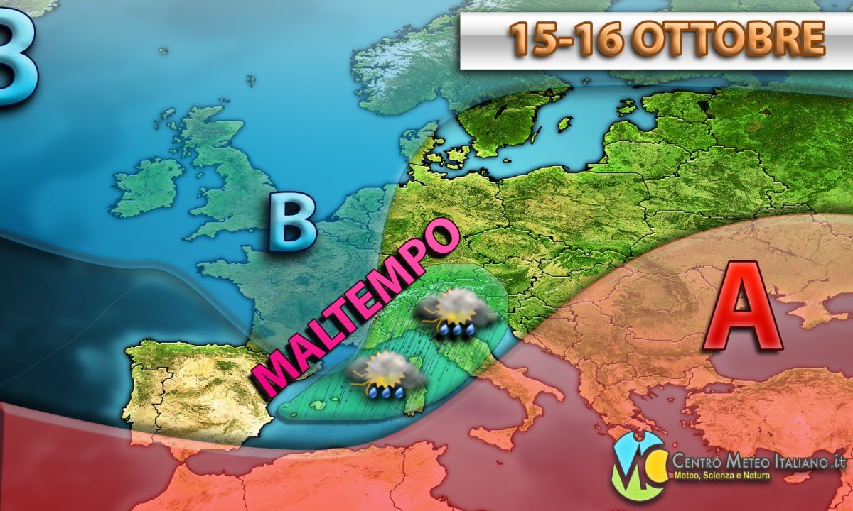 Maltempo in arrivo sull'Italia a causa di una saccatura di origine nordatlantica in affondo sul Mediterraneo.