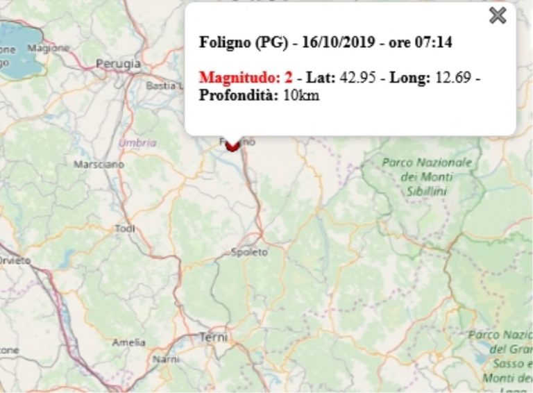 Terremoto in Umbria oggi, 16 ottobre 2019, scossa M 2.0 in provincia di Perugia | Dati INGV