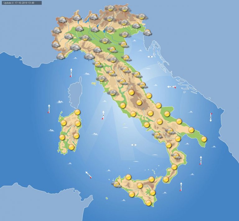 Meteo domani 18 Ottobre 2019: nuvolosità maggiore al nord Italia e deboli piogge in Liguria, sole e caldo altrove