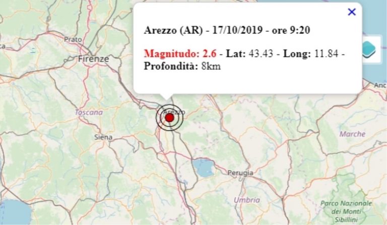 Terremoto in Toscana oggi, 17 ottobre 2019, scossa M 2.6 avvertita ad Arezzo – Dati Ingv