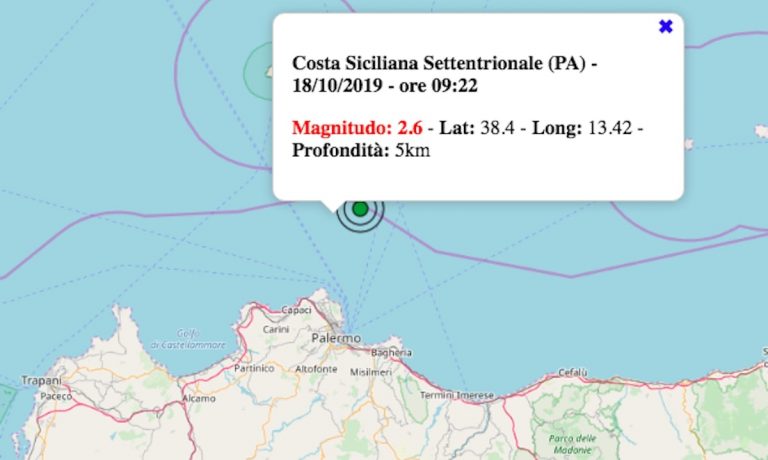 Terremoto in Sicilia oggi, 18 ottobre 2019: scossa M 2.6 vicino Palermo | Dati INGV