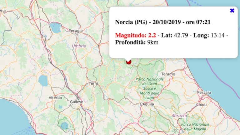 Terremoto in Umbria oggi, domenica 20 ottobre 2019: scossa M 2.2 in provincia Perugia. Dati INGV