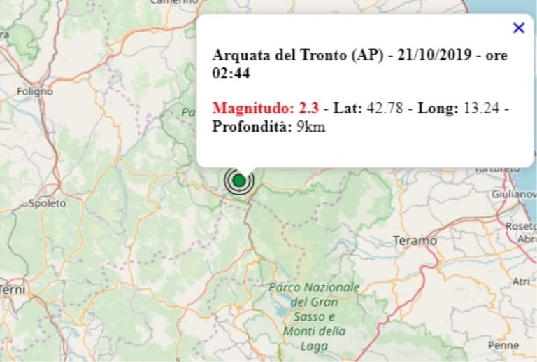 Terremoto nelle Marche oggi, 21 ottobre 2019, scossa M 2.3 provincia Ascoli Piceno – Dati Ingv