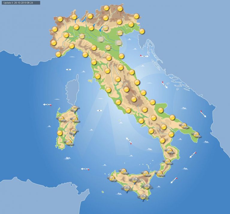 Meteo domani 27 Ottobre 2019: residue piogge sulle Isole Maggiori, ampi spazi di sereno altrove