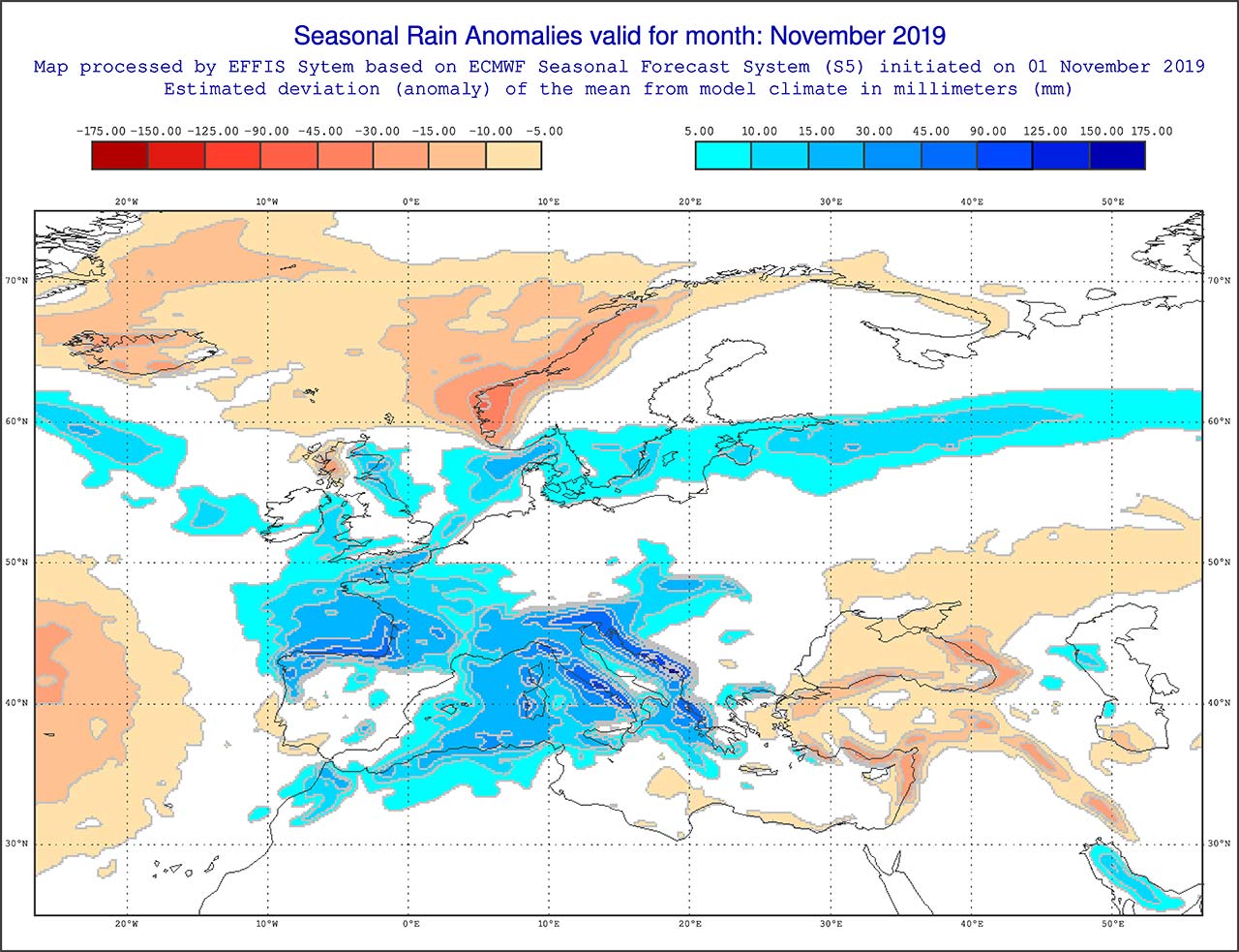 Anomalie di precipitazione previste dal modello ECMWF per novembre 2019 - effis.jrc.ec.europa.eu Anomalie di precipitazione previste dal modello ECMWF per novembre 2019 - effis.jrc.ec.europa.eu
