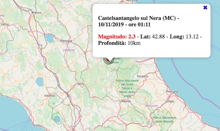 Terremoto nelle Marche oggi, domenica 10 novembre 2019: scossa M 2.3 provincia di Macerata | Dati INGV