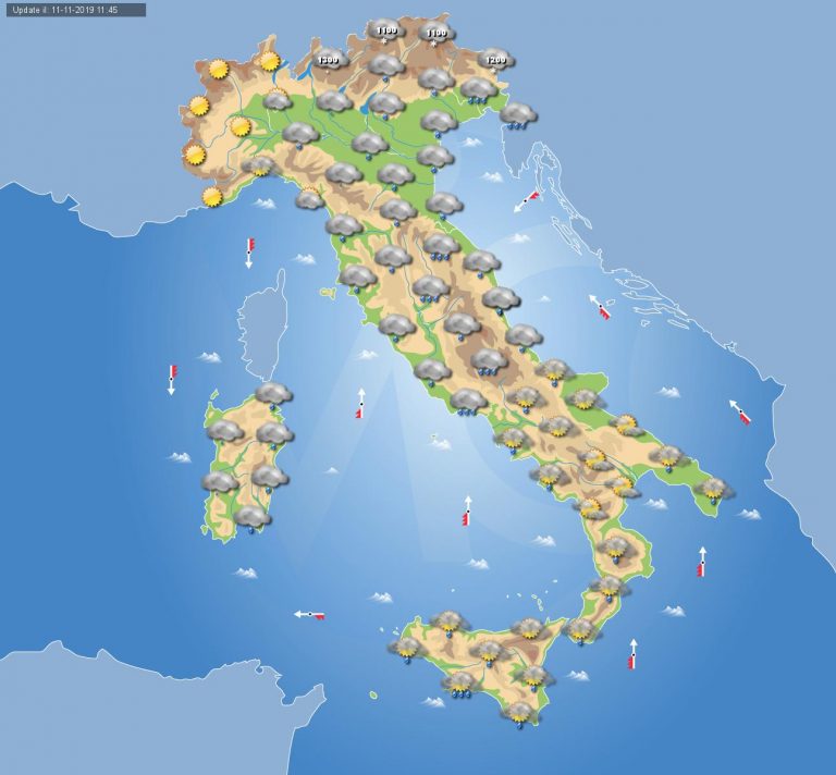 Meteo domani 12 Novembre 2019: Maltempo in gran parte dell’Italia, neve sulle Alpi