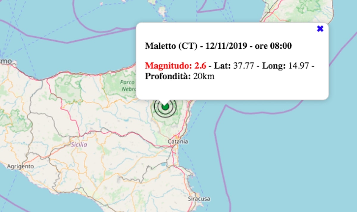 Terremoto in Sicilia oggi, martedì 12 novembre 2019 scossa M 2.6 in provincia di Catania Dati Terremoto in Sicilia oggi, martedì 12 novembre 2019 scossa M 2.6 in provincia di Catania Dati
