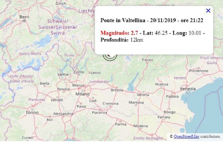 Terremoto oggi Lombardia oggi, 20 novembre 2019: scossa M 2.7 in provincia di Sondrio – Dati INGV