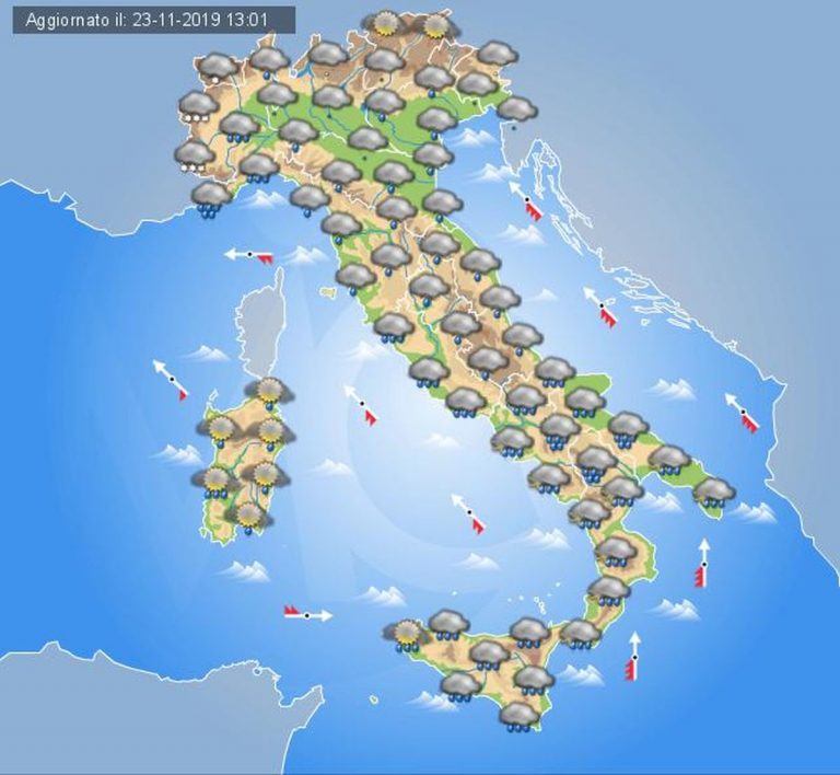 Meteo domani 24 novembre 2019: maltempo diffuso sull’Italia. Zone colpite