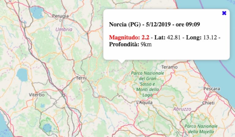 Terremoto in Umbria oggi, 5 dicembre 2019: scossa M 2.2 in provincia Perugia | Dati INGV