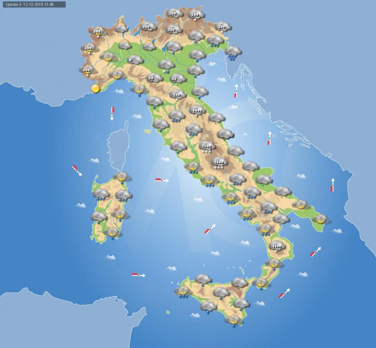 Meteo domani 13 Dicembre 2019: freddo e neve fino in pianura Padana, maltempo nel resto dell’Italia Meteo domani 13 Dicembre 2019: freddo e neve fino in pianura Padana, maltempo nel resto dell’Italia