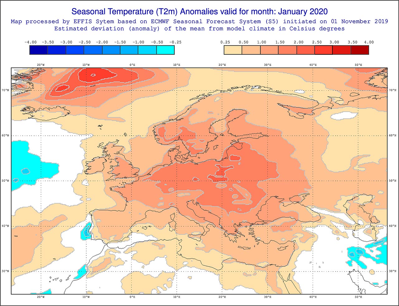 Anomalie di temperature previste dal modello ECMWF per gennaio 2020 - effis.jrc.ec.europa.eu Anomalie di temperature previste dal modello ECMWF per gennaio 2020 - effis.jrc.ec.europa.eu