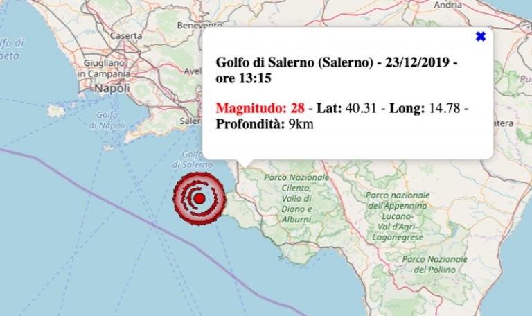 Terremoto oggi in Campania, lunedì 23 dicembre 2019: scossa di M 2.8 sul Golfo di Salerno – Dati INGV
