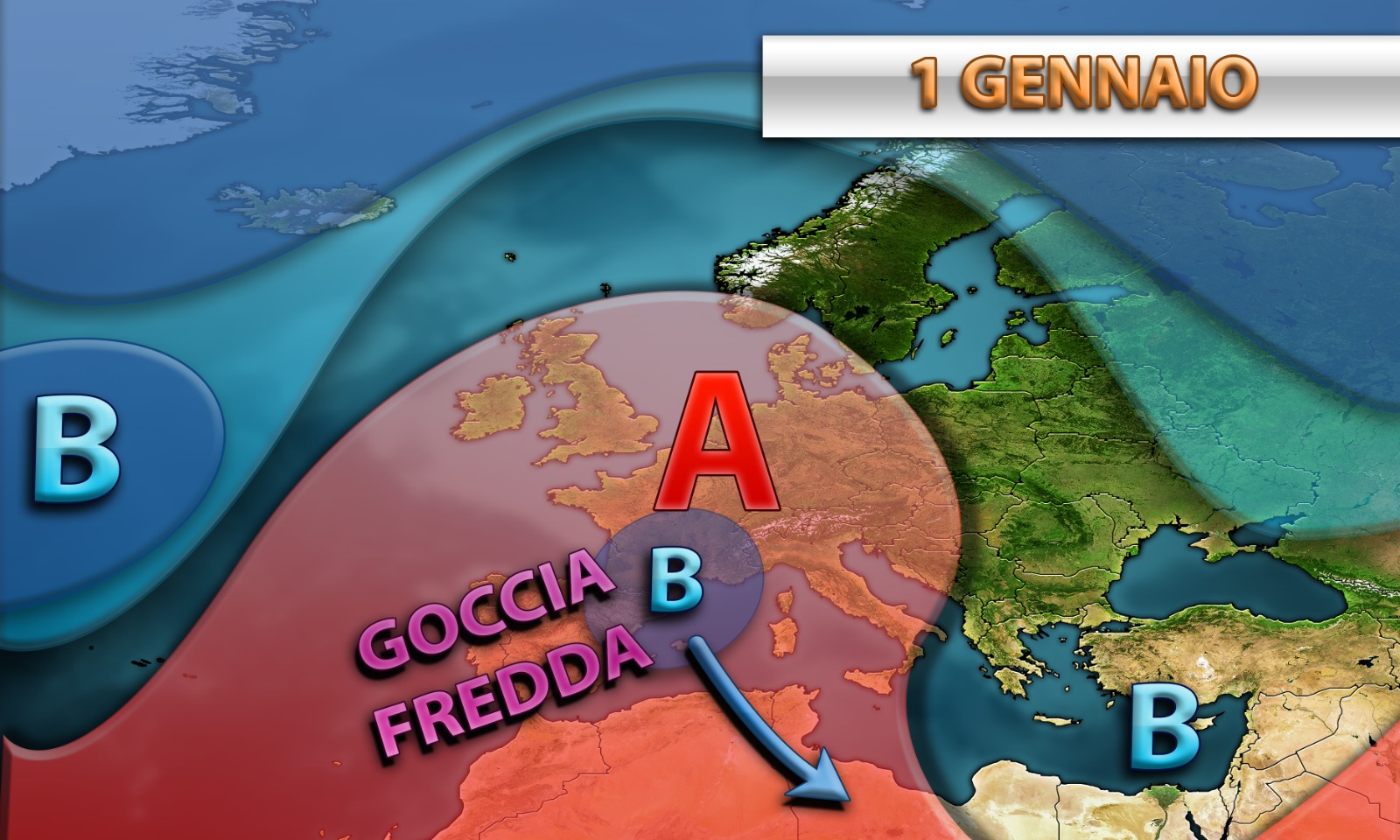 Goccia fredda in transito sul Mediterraneo centro-occidentale per Capodanno.