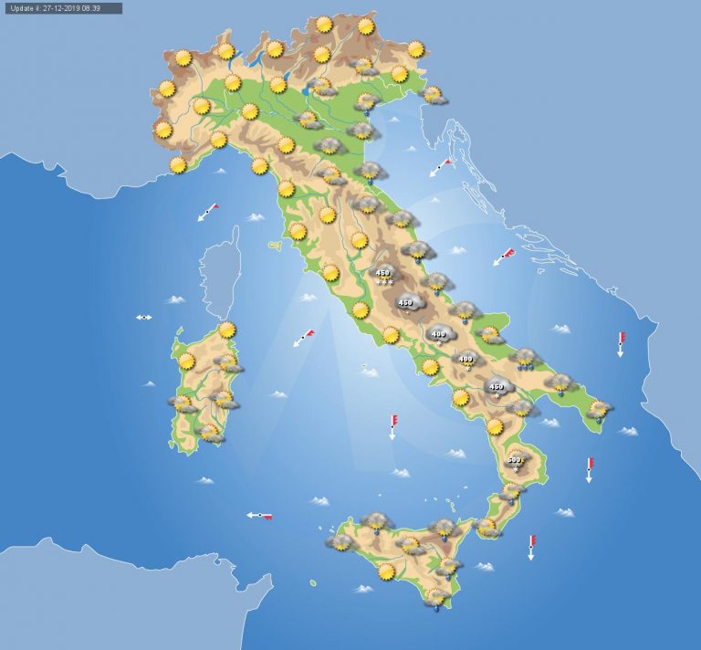 Meteo domani 28 Dicembre 2019: Neve fino a quote basse al sud e sul medio versante adriatico, sole sul resto dell’Italia