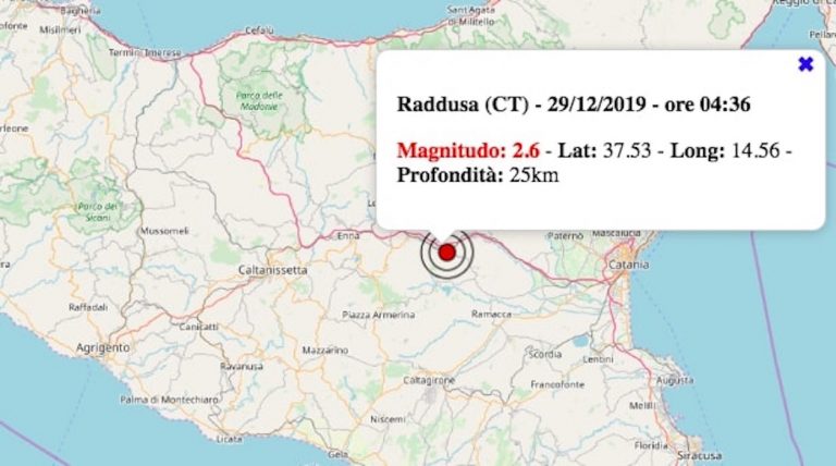 Terremoto in Sicilia oggi, domenica 29 dicembre 2019: scossa M 2.6 in provincia di Catania | Dati INGV