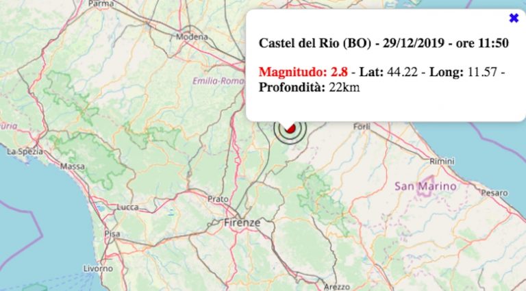 Terremoto in Emilia-Romagna oggi, domenica 29 dicembre 2019: scossa M 2.8 provincia di Bologna. Dati INGV