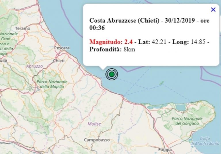 Terremoto in Abruzzo oggi, 30 dicembre 2019, scossa M 2.4 costa abruzzese | Dati INGV