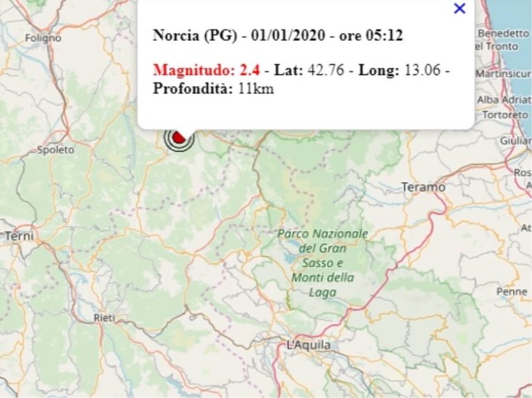 Terremoto in Umbria oggi, 1 gennaio 2020, scossa M 2.4 provincia Perugia – Dati Ingv