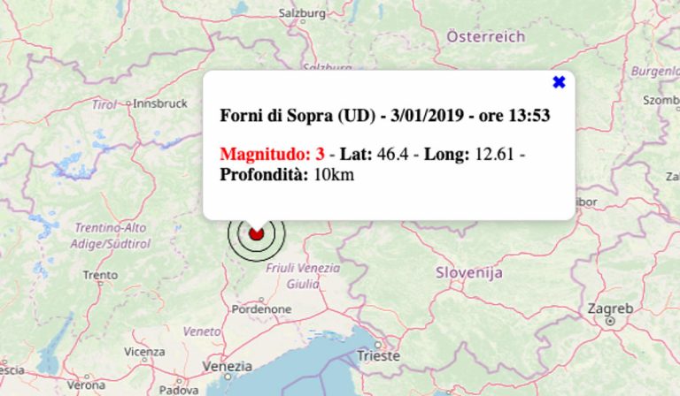 Terremoto oggi in Friuli Venezia Giulia, 3 gennaio 2020: scossa M 3.0 in provincia di Udine