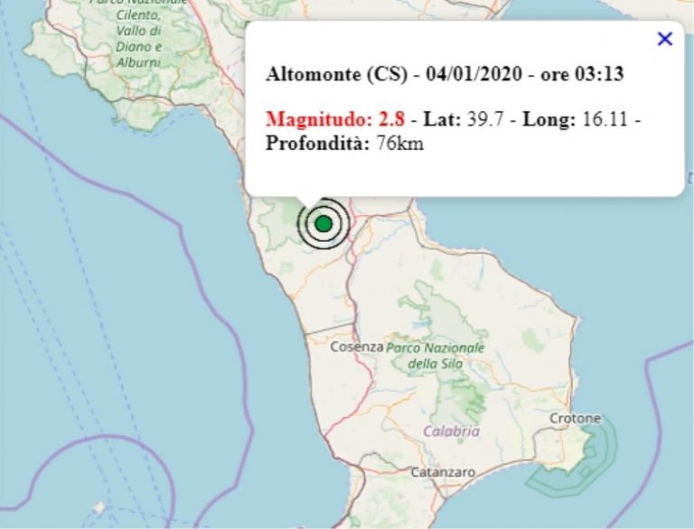 Terremoto in Calabria oggi, sabato 4 gennaio 2020: scossa M 2.8 in provincia di Cosenza | Dati INGV Terremoto in Calabria oggi, sabato 4 gennaio 2020: scossa M 2.8 in provincia di Cosenza | Dati INGV