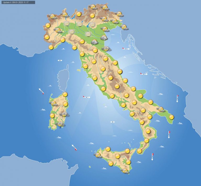 Meteo domani, 9 Gennaio 2020: altra giornata di bel tempo in Italia eccetto nebbie e nubi basse in pianura Padana e locali piogge in Sardegna